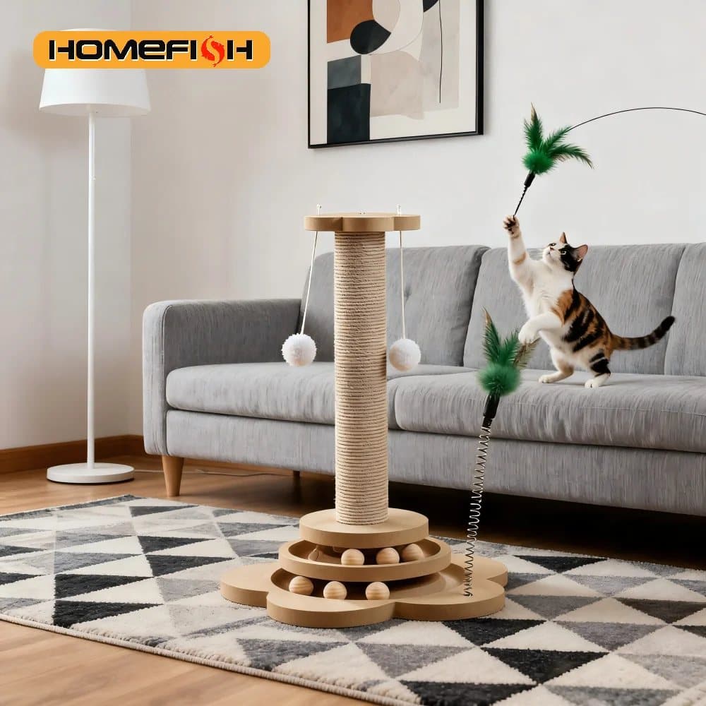 Gato jugando con la varita de plumas de la torre