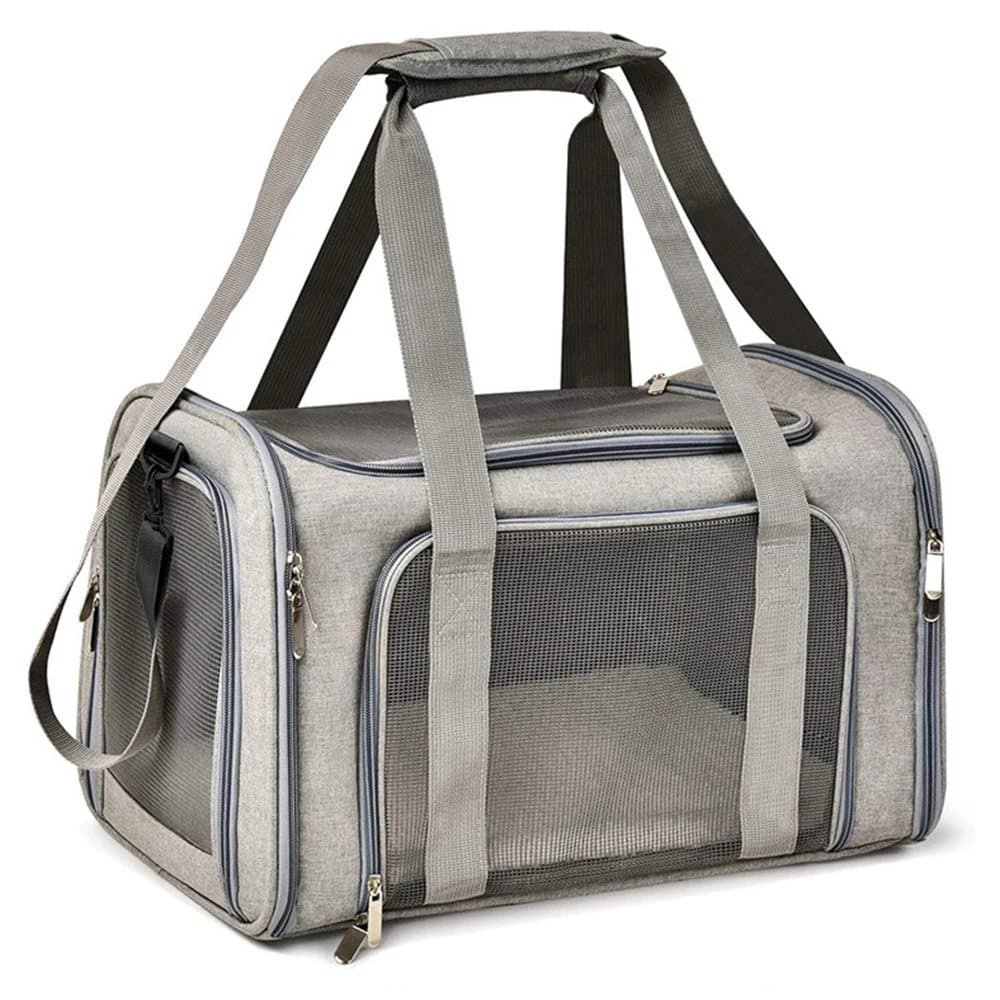 Bolso transportador gris con paneles de malla