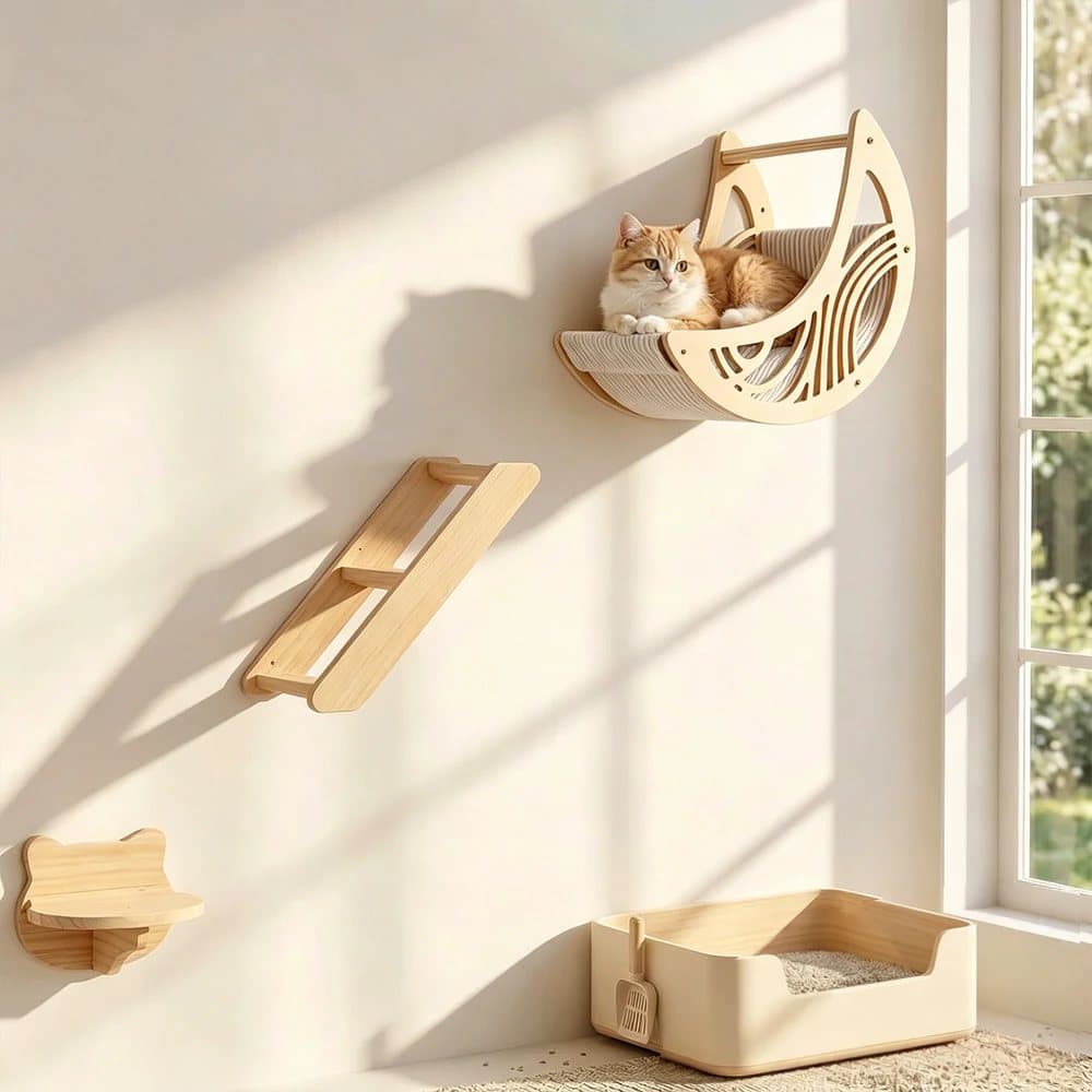 Escalones y plataforma de madera instalados en una pared clara