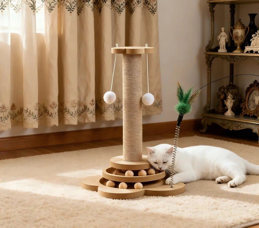 Gato jugando con la pista de pelotas de la torre de madera